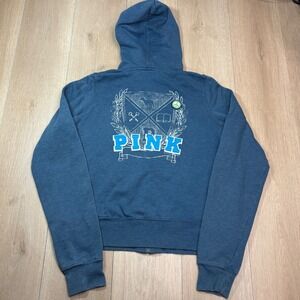 Victoria's Secret PINK Y2K Blue Full Zip Hoodie University Crest Graphic Large